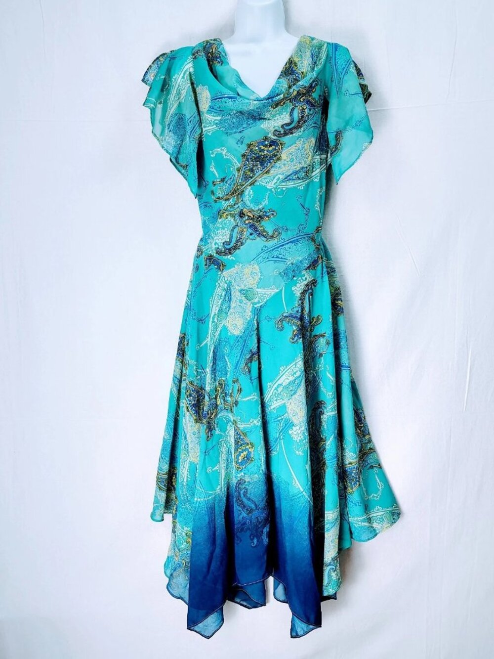 Vintage 90s Y2K Robbie Bee Tiered Ruffle Maxi Dress 8 Cowl Fairy Grunge Beaded